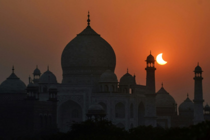 A partial solar eclipse behind the Taj Mahal in 2022