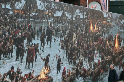 The display at first glance seems to depict a jolly crowd enjoying the festive season - JUSTIN TALLIS (AFP)