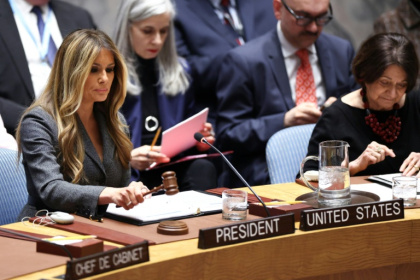 Melania Trump opened the meeting with a ceremonial gavel as the US took the rotating monthly presidency of the UN Security Council - CHARLY TRIBALLEAU (AFP)